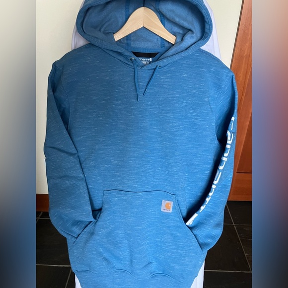 Carhartt Other - Men's light blue Carhartt Hoodie with white sleeve lettering. Size M